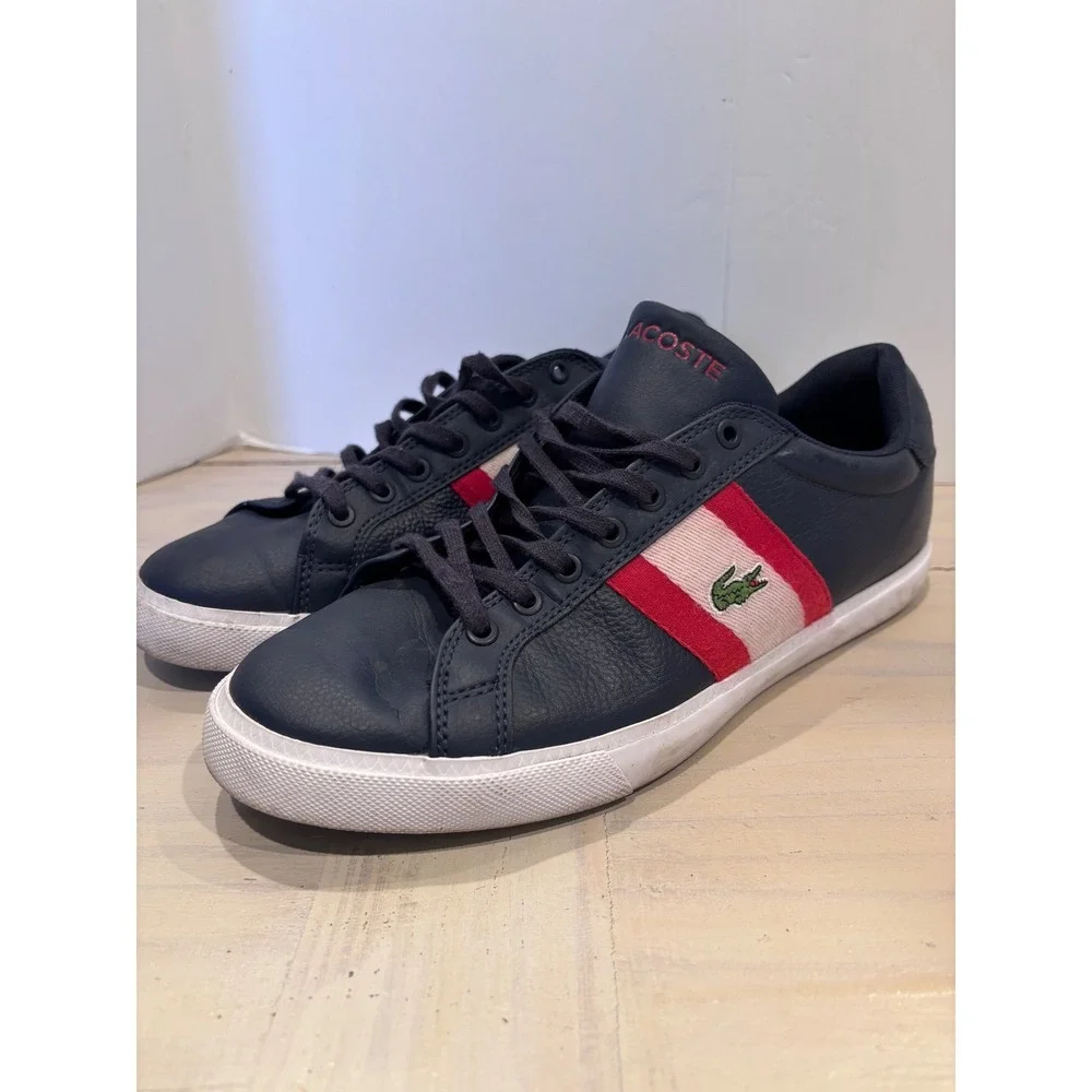 Lacoste Grad Vulc 120 2 P Mens Navy Blue Leather Striped Sneakers Size 8 Preppy